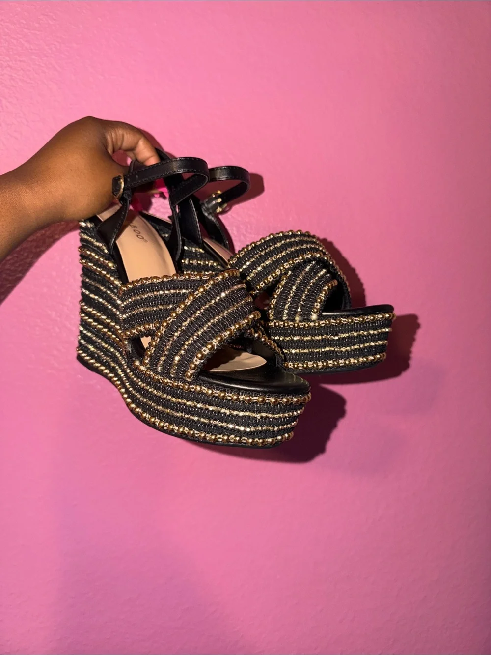 BAMBOO Black & Gold Striped Woven Platform Wedge Sandals